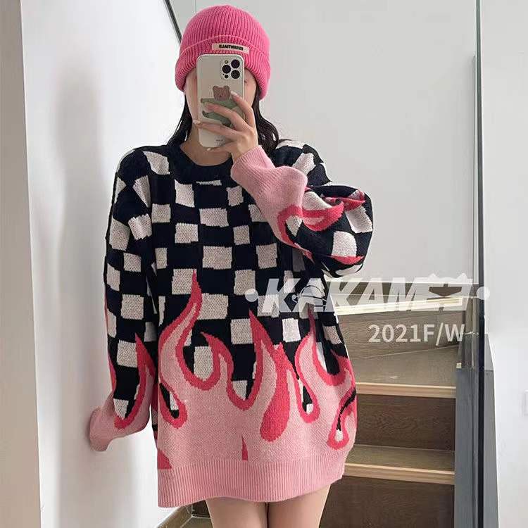Áo sweater Dệt Kim Dáng Rộng In Hình Ngọn Lửa Phong Cách Hàn Quốc Thời Trang Thu Đông Cho Học Sinh