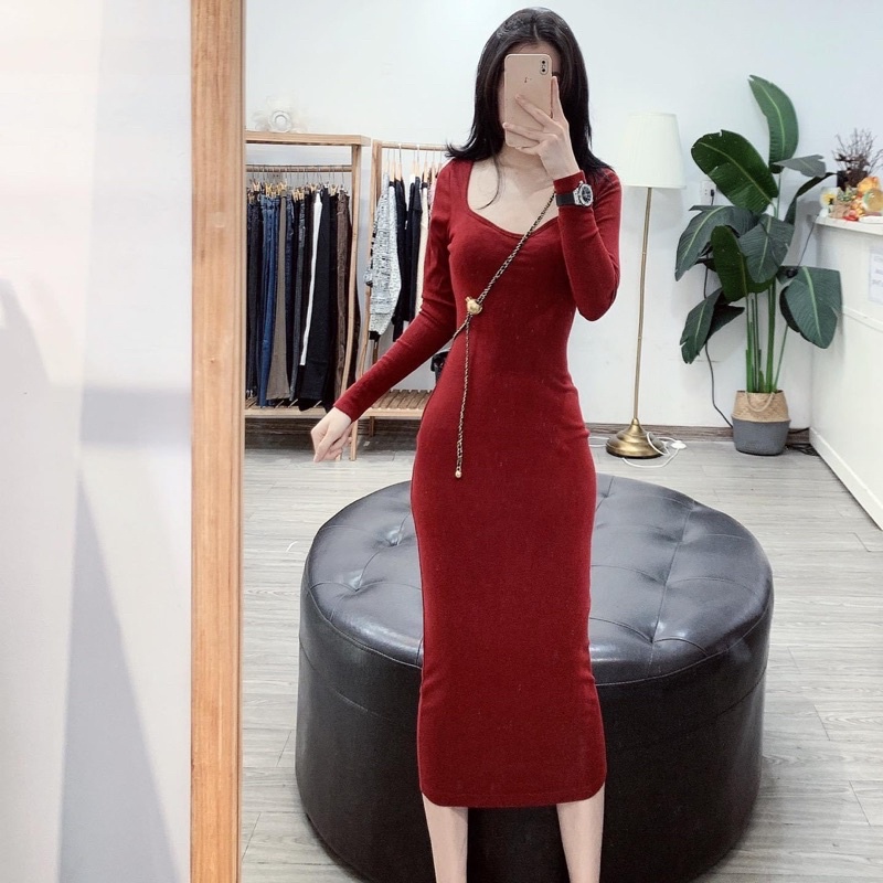 (Clip thật) Váy body len tăm dài tay cổ vuông cho bạn gái