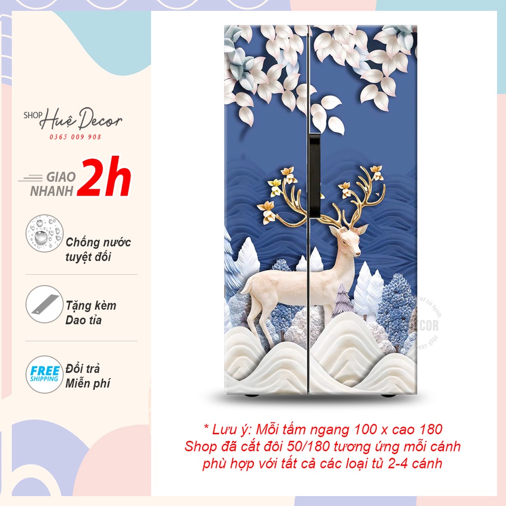 Decal dán tủ lạnh to 2 cánh, 4 cánh hươu tài lộc xanh