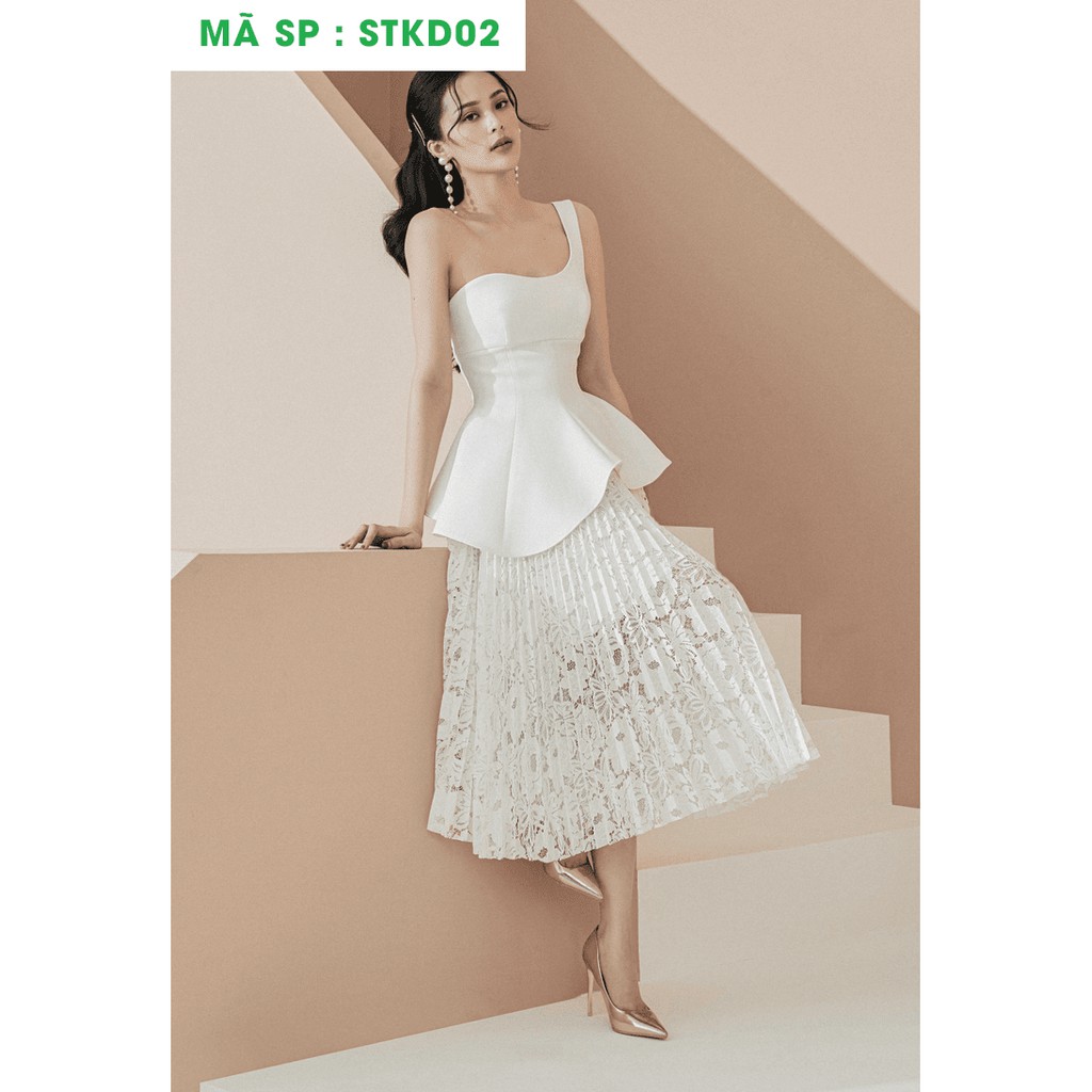 BỘ THIẾT KẾ TRẮNG CHÂN VÁY REN DẬP LY ÁO PEPLUM LỆCH VAI STKD02 THOITRANGHD COM