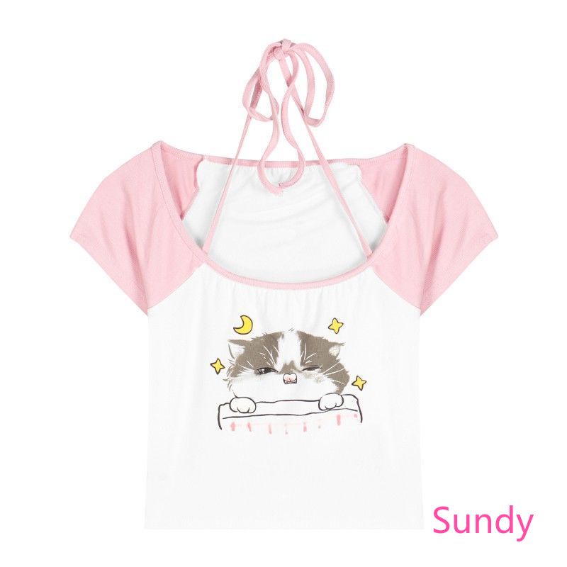 Áo Croptop Dây Chéo In Họa Tiết Dễ Thương Thời Trang Mùa Hè Cho Nữ