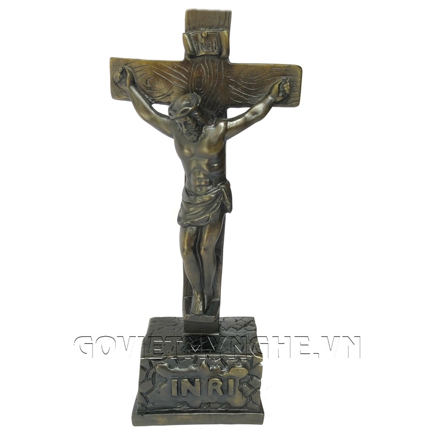 [Cây thánh giá] Tượng đá trang trí cây thánh giá hình chúa Jesus với chữ INRI - Chiều cao 21cm - Màu nâu đen