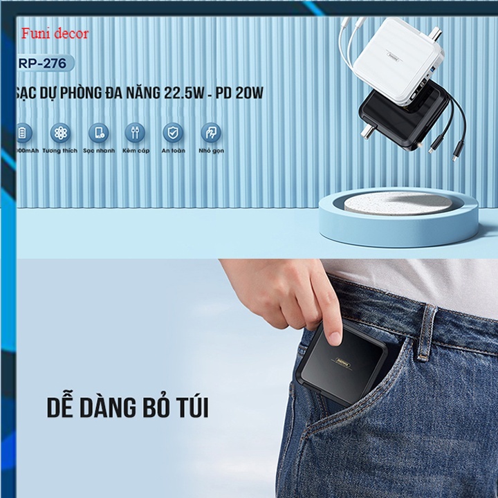 Aki shop Cốc sạc nhanh kiêm pin sạc dự phòng đa năng Remax RPP-276 15000mAh tích hợp cáp sạc type C và iphone decor
