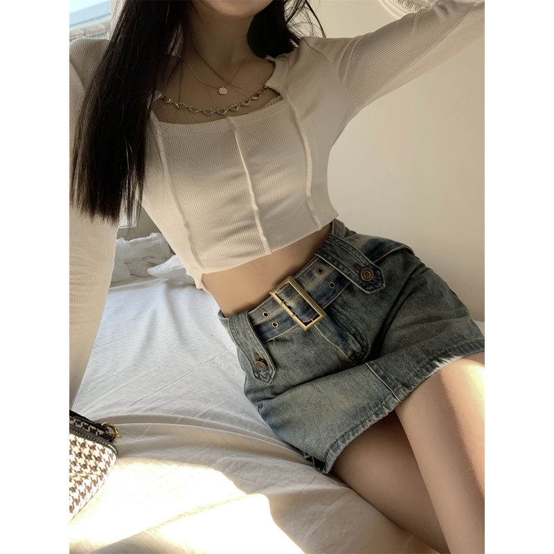 Kumikumi HUANG YOYO Quần Giả Váy denim Lưng Cao Dáng Ôm Thời Trang Hàn Quốc Quyến Rũ Cho Nữ
