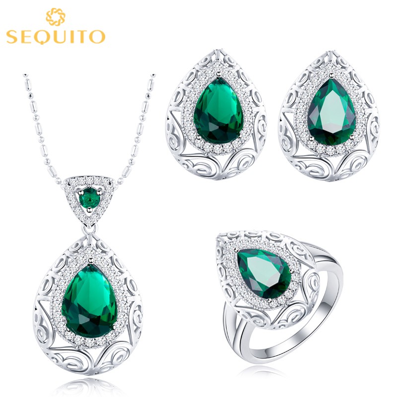 Sequito Bộ Trang Sức Gồm 3 Món Nhẫn / Vòng cổ / Bông Tai Đính Đá Zircon Hình Giọt Nước Màu Xanh Lá Phong Cách Cổ Điển j064