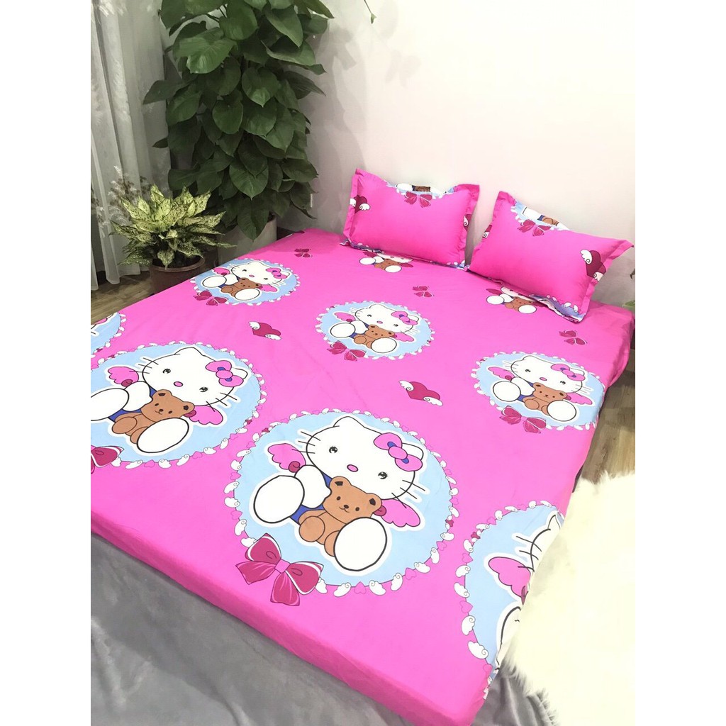 [Nghỉ bán xả gấp]Drap ga giường cotton poly mềm mịn-mẫu hello kitty ôm gấu