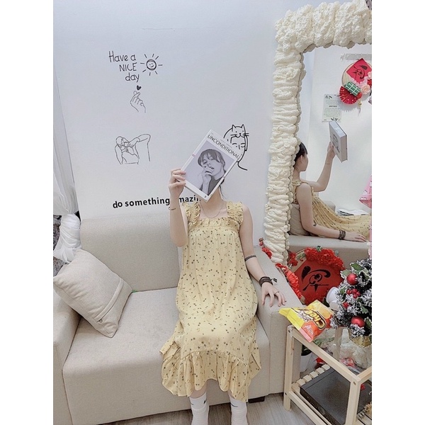 Đầm ngủ dễ thương- váy hai dây xinh xắn chất đũi lạnh hoạ tiết hình thú dễ thương - phong cách tiểu thư Hàn Quốc