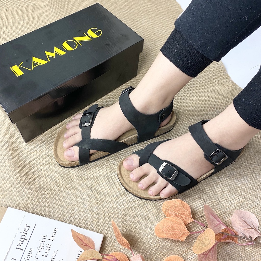 Sandal nữ xỏ ngón đế trấu cao cấp KAMONG BM001BL