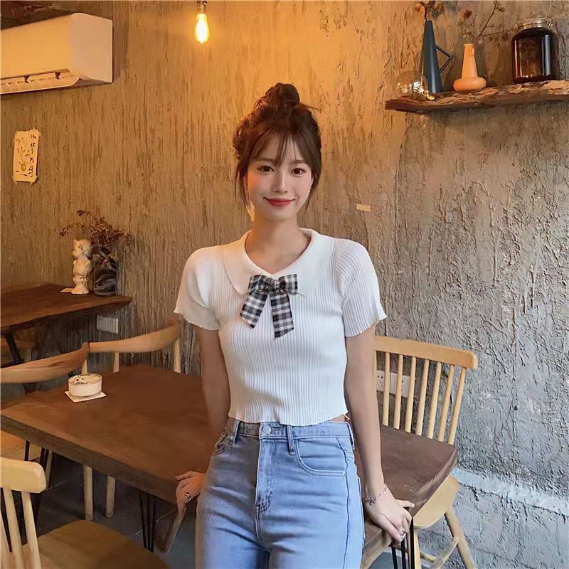 Áo thun bằng vải dệt kim tay ngắn cổ búp bê đính nơ thời trang mùa hè phong cách Hàn Quốc cho nữ VN170