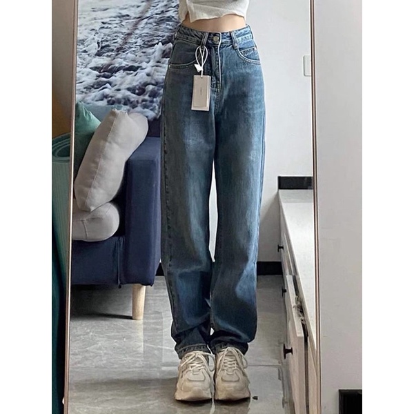 Quần jeans suông cạp cao xanh đậm