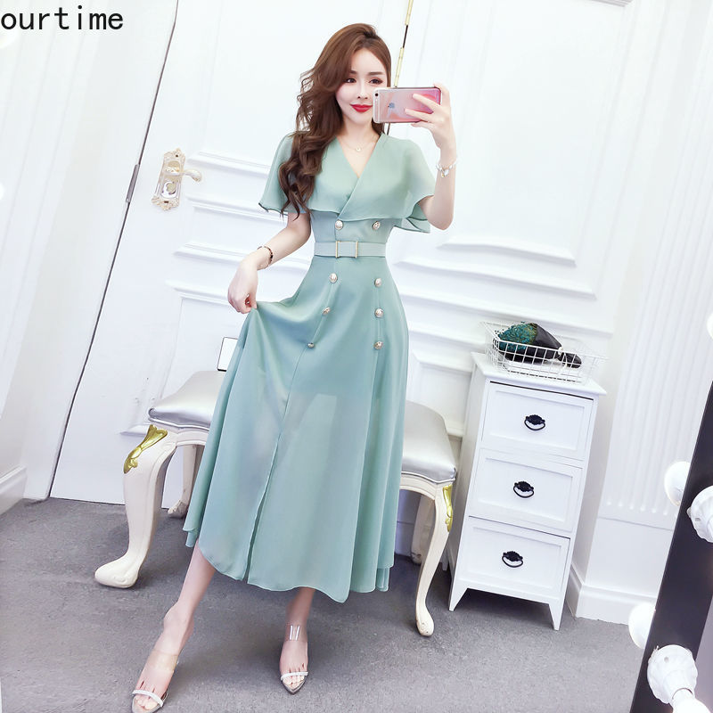 OT Đầm Maxi Vải Chiffon Cổ Chữ V Cài Nút Đôi Thời Trang Mùa Hè Cho Nữ