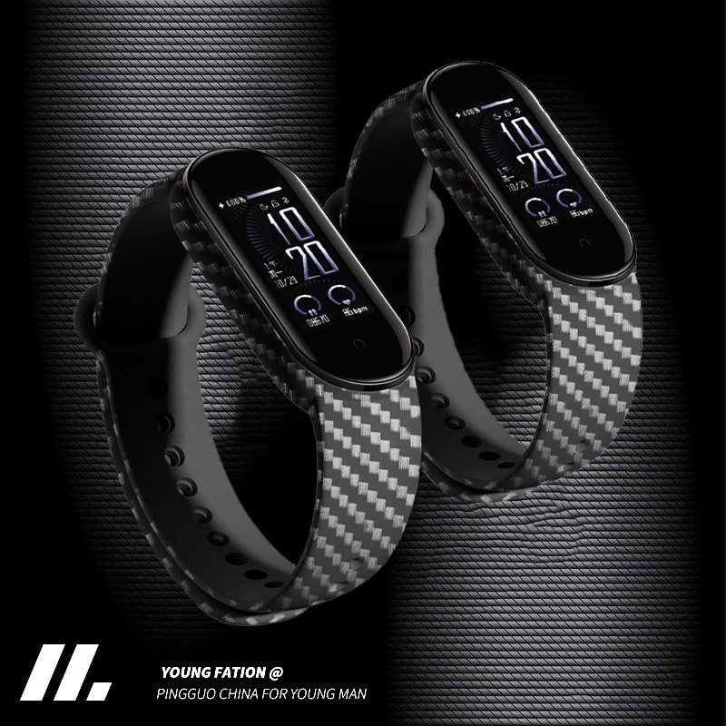 Dây Đeo Silicon Họa Tiết Sợi carbon Màu Xanh Dương Cho Xiaomi Mi band 3 4 5 6 5