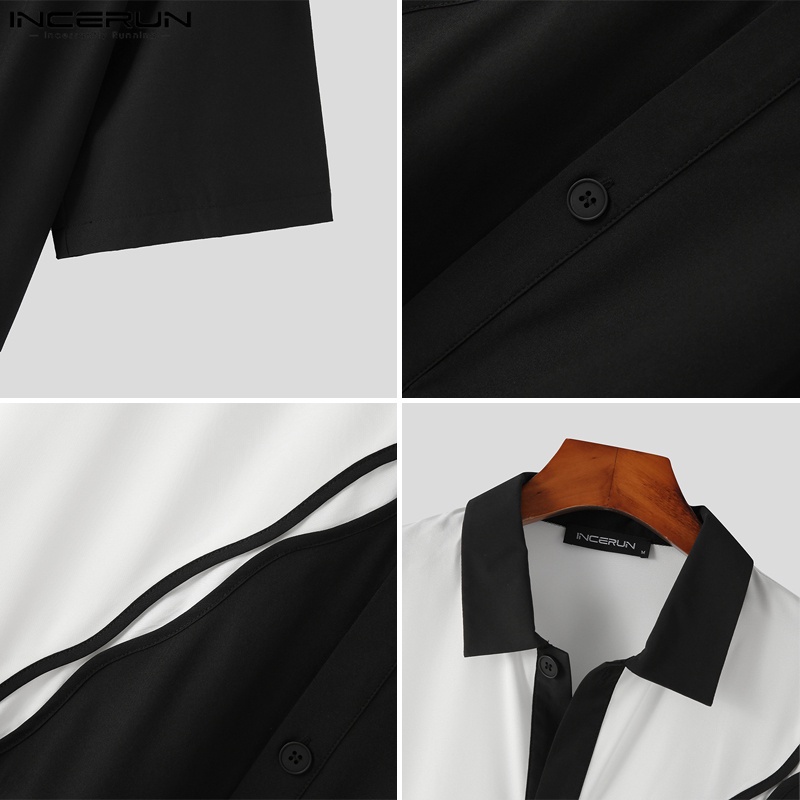 Áo sơ mi INCERUN tay ngắn dáng rộng kết hợp màu sắc trắng và đen phong cách đường phố cá tính dành cho nam