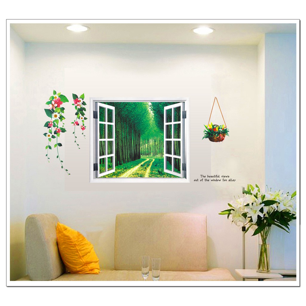 Decal dán tường Khung cửa sổ rừng cây xanh