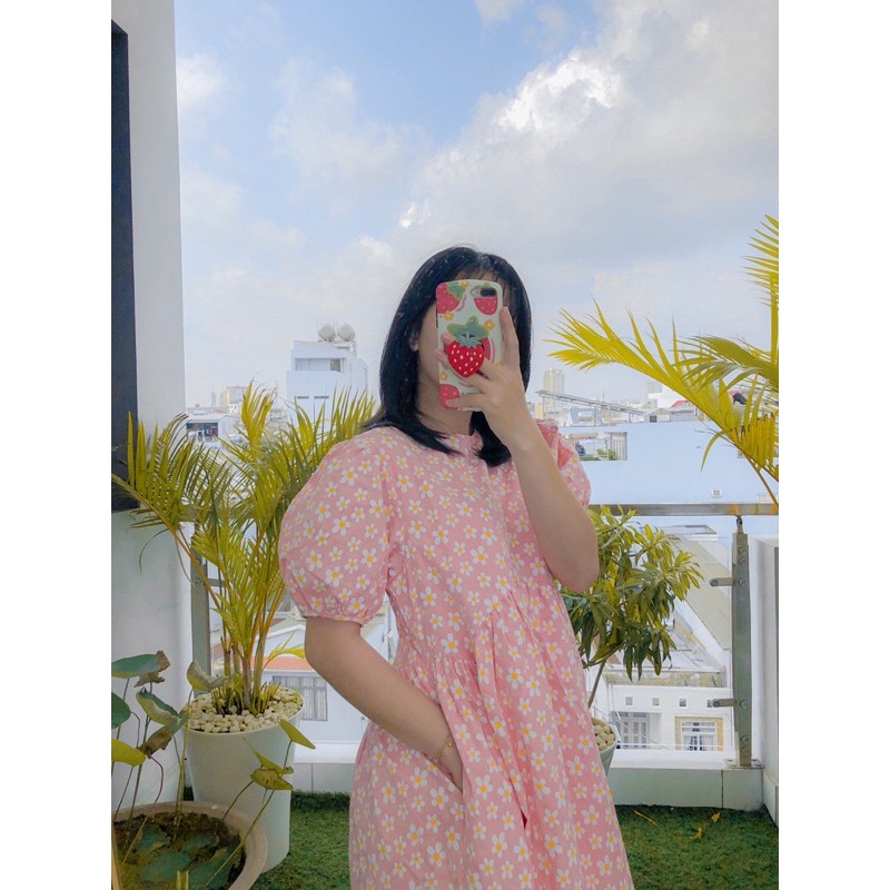 Váy babydoll hoa dáng dài hồng