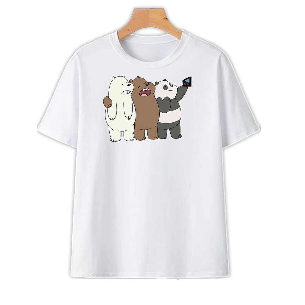 Áo Thun Cotton Ba Con Gấu Chụp Hình Unisex Nam Nữ Trắng Đen