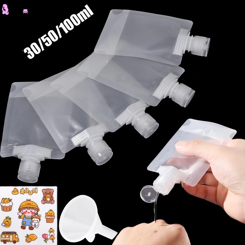 1 Túi Nhựa Trong Suốt 30/50/100ml Dùng Chiết Mỹ Phẩm/Dầu Gội/Mỹ Phẩm Chống Rò Rỉ Màu Trong Suốt Kèm Phễu Dán