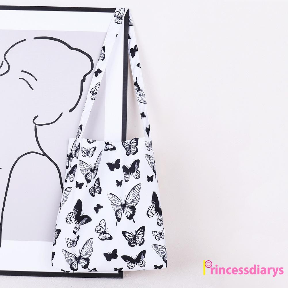 Fashion Women Checkerboard Butterfly Print Canvas Shopping Bag Tote Handbag