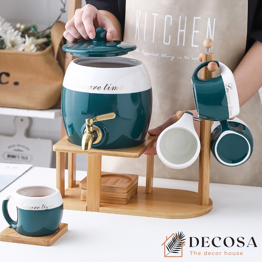 Bộ bình nước sứ cao cấp giữ nhiệt có vòi nắp đậy khung gỗ DECOSA