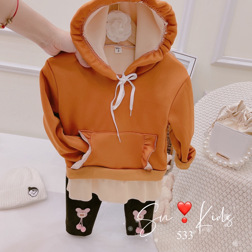 Bộ nỉ lót lông áo hoodie túi bụng quần legging bé gái, Bộ Nỉ Lót Lông Có Mũ cho bé gái