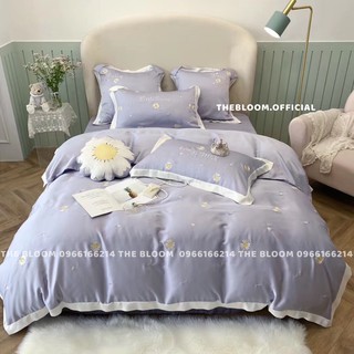 Set chăn ga gối lụa cao cấp 5 món - tím pastel cúc trắng
