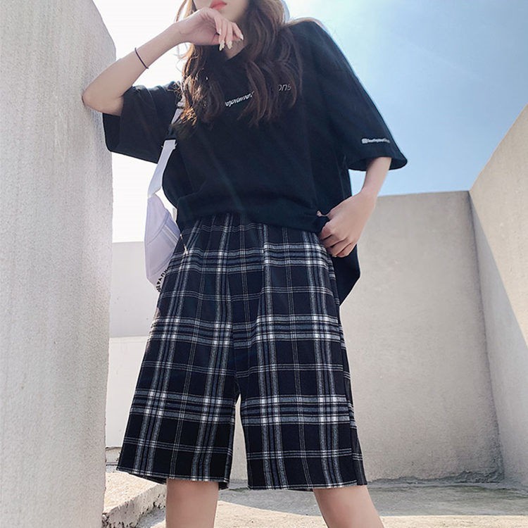 ★ Plaid Shorts Women'S Summer Loose 2020 New High-waist Casual Pants Hong Kong-style Straight Wide-leg Five-point Pants Trendy Ins