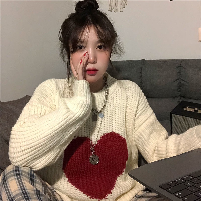 Mới Áo Sweater cổ tròn dáng rộng in hình trái tim dễ phối đồ