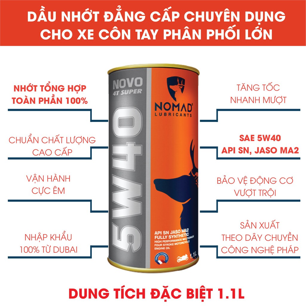 Dầu nhớt tổng hợp toàn phần NOMAD 1.1L API SN- JASO MA2 5W40 nhớt xe máy NK Thái Lan