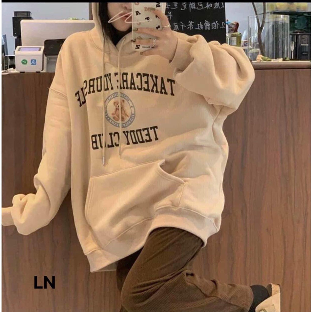 Áo hoodie gấu teddy  Áo hoodie nam nữ nỉ cotton form rộng i tay bồng  Áo mũ 2 lớp sỉ 60k