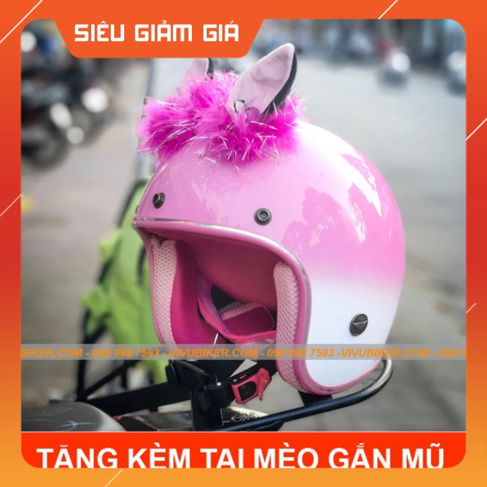 KHO SG-  COMBO mũ bảo hiểm 3/4 màu hồng loang trắng kèm tai mèo, tai thỏ gắn nón bảo hiểm Thái Lan siêu dễ thương