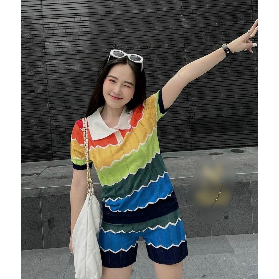 Set len sọc 7 màu bảy màu cổ sơ mi quần đùi - dáng thể thao QCS01