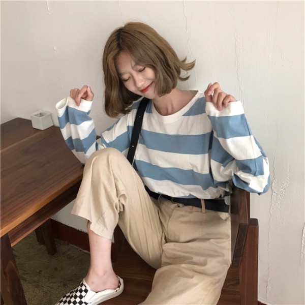 Áo thun tay dài dáng rộng họa tiết sọc thời trang Hàn Quốc cho nữ | BigBuy360 - bigbuy360.vn