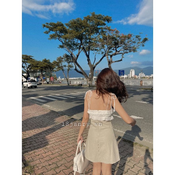 Navy dress - Đầm liền cột dây bèo nhún