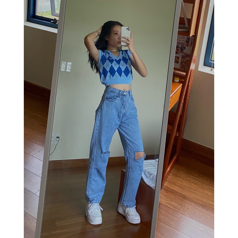 Quần jeans ống suông rách gối nữ | BigBuy360 - bigbuy360.vn