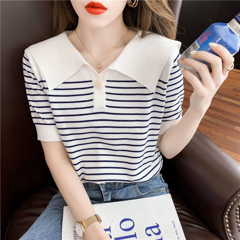Áo Thun Tay Ngắn Cổ Thủy Thủ Họa Tiết Sọc Thời Trang Dành Cho Nữ