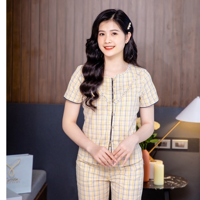 Đồ bộ mặc nhà nữ chất thô kate ,áo ngắn tay quần dài mùa hè dòng cao cấp thương hiệu MỘC EVA MSSP: T112204