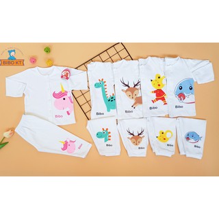 Bộ sơ sinh cài nút  tay dài cotton  100% thoáng mát màu trắng  in hình thú xinh xắn Bibo Kim Thu size 1-5 (4-12 kg)
