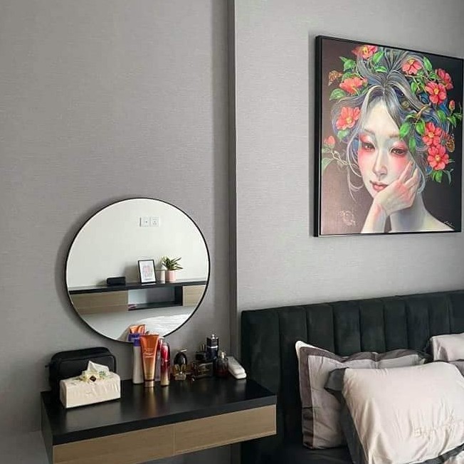 Gương treo tường nhà tắm tròn có đèn led  KantoHome kích thước D40cm phôi gương nhập khẩu, viền màu đen