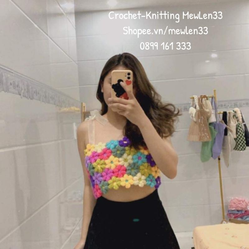 (FormĐẹp Có lót)Áo Crotop len hoa ghép - Crochet-Knitting MewLen