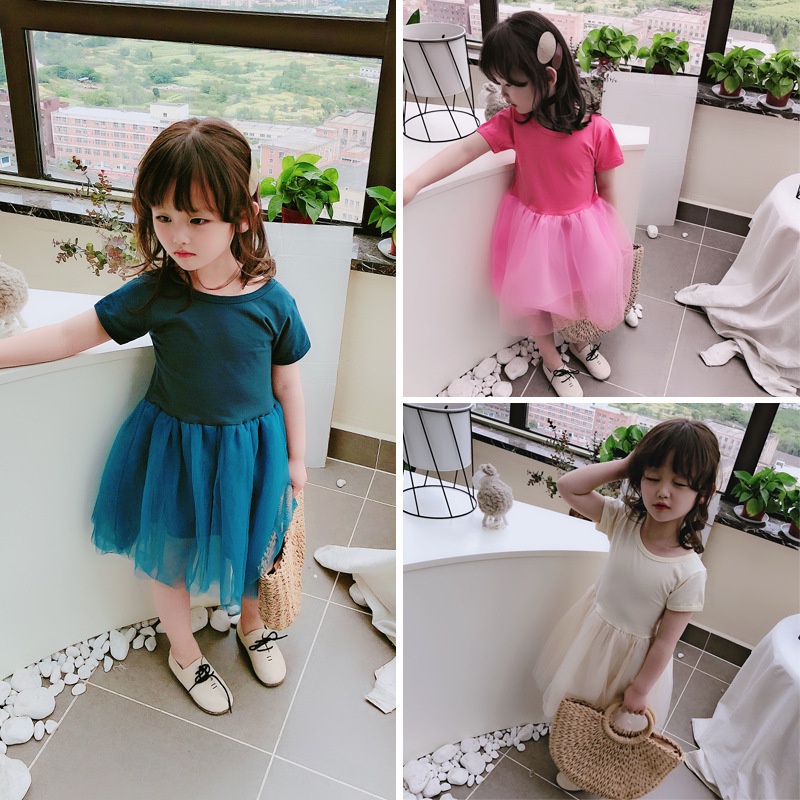 Đầm Công Chúa Mùa Hè Tay Cộc Phối Lưới Ghép Mảnh 22 Tuổi Phong Cách Mới Cho Bé Gái 3-8 Tuổi