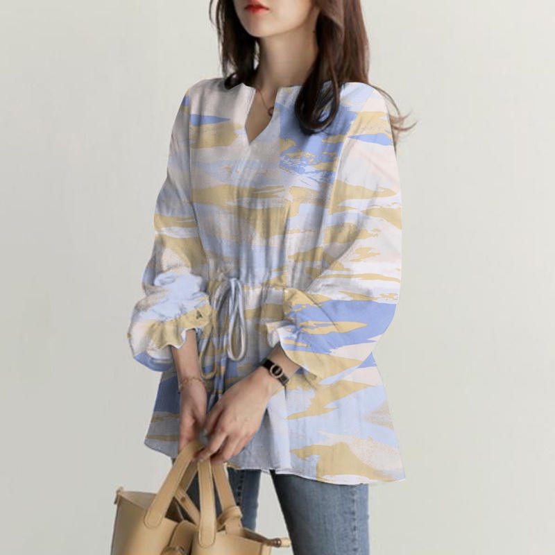 Áo kiểu ZANZEA thiết kế cổ chữ V eo co giãn in họa tiết phong cách retro thời trang cho nữ