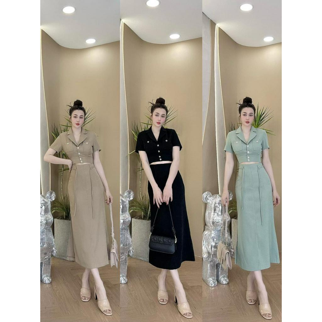 Set váy nữ công sở áo vest croptop mix chân váy form dài thanh lịch, sang chảnh