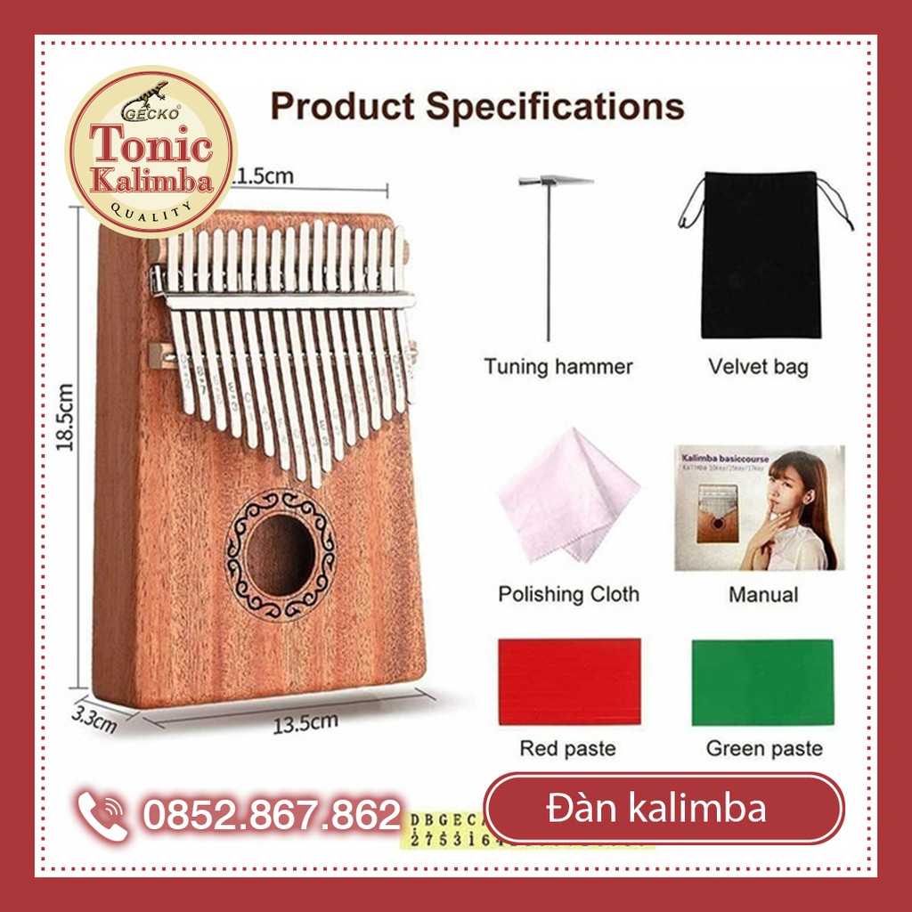 [Mẫu mới có khắc phím] Đàn kalimba 17 phím chất liệu gỗ Mahogany Âm vang ấm Đủ phụ kiện