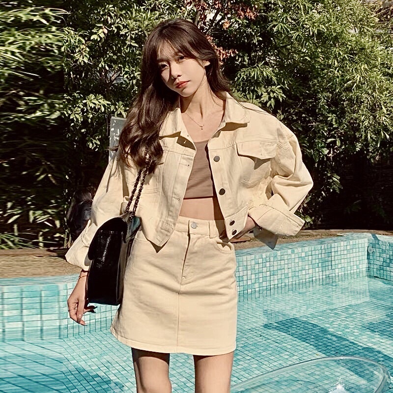 Thanh lí set bộ chân váy kèm áo khoác jacketkaki QC chất đẹp còn nửa giá gốc