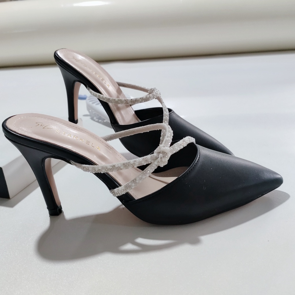 Giầy cao gót nhọn 8cm dây đá màu đen mã T5