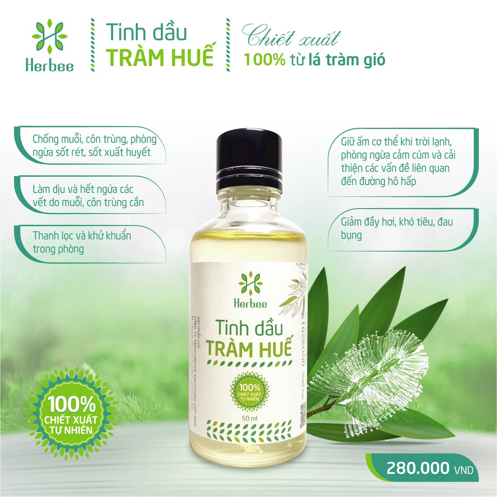 Tinh Dầu Tràm Nguyên Chất Thương Hiệu Herbee  | Giữ Ấm Cơ Thể Khi Trời Lạnh | Chiết Xuất 100% Từ Lá tràm Gió Huế