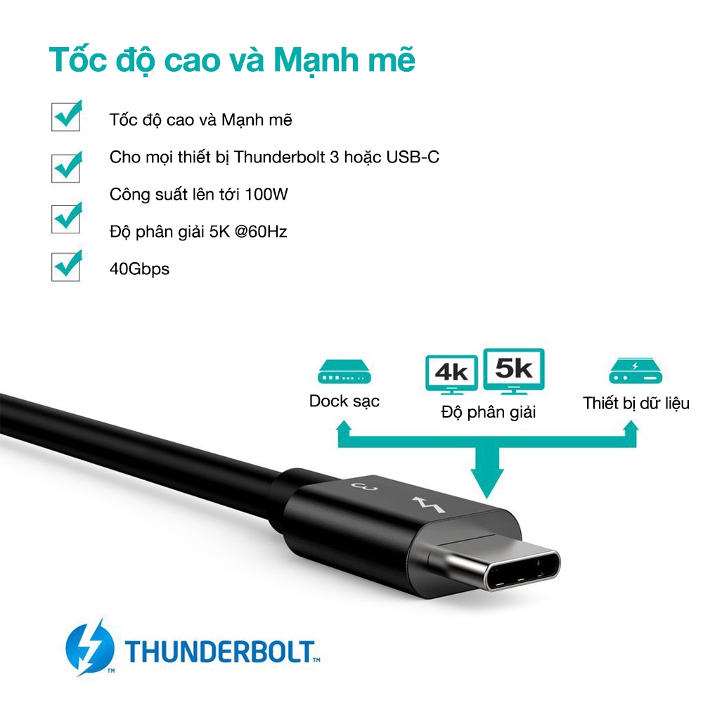Dây cáp CHOETECH USB-C ra USB-C chuẩn Thunderbolt 3 - A3007