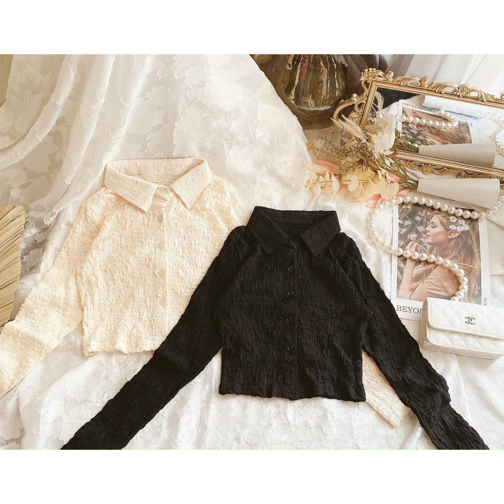 ÁO CROP NHĂN CỔ SƠ MI TAY DÀI