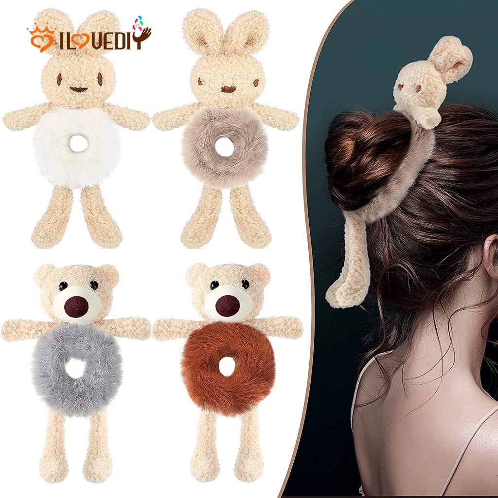 Dây cột tóc nữ co giãn phối lông thiết kế gấu/thỏ hoạt hình dễ thương