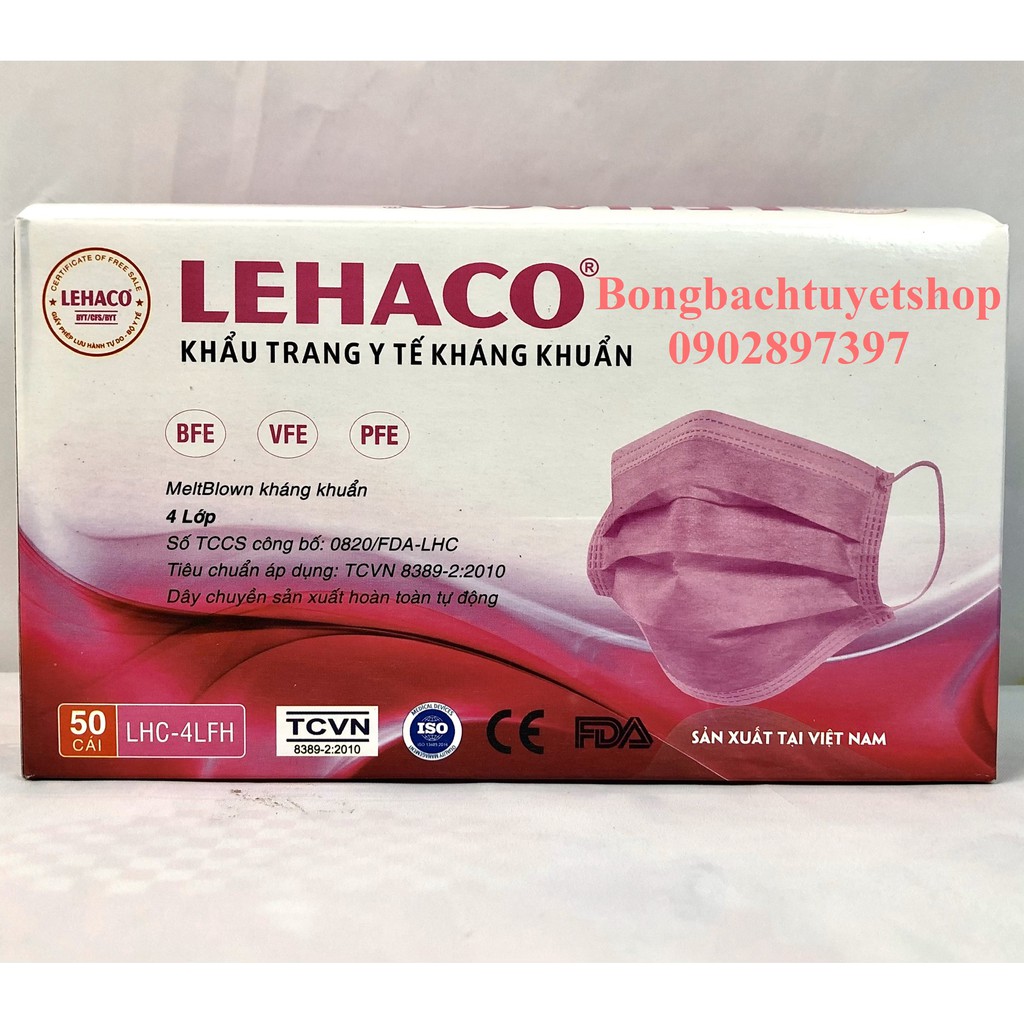Khẩu trang Lehaco Màu Hồng 4 lớp Kháng Khuẩn hộp 50 cái - Khẩu trang y tế Lehaco